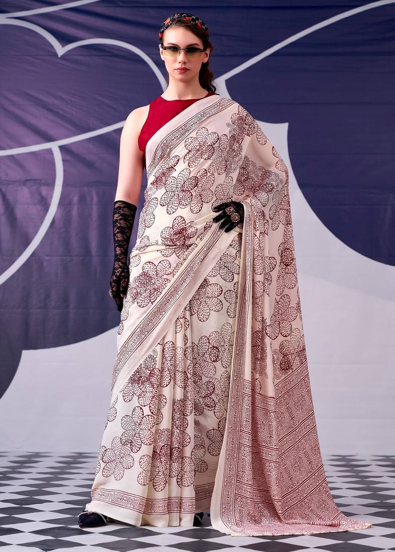 Maroon classic beauty satin sik floral printed with smooth texture saree