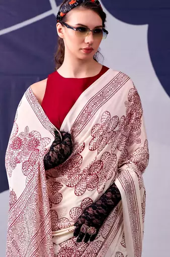Maroon classic beauty satin sik floral printed with smooth texture saree