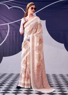 Peach classic beauty satin sik floral printed with smooth texture saree 1