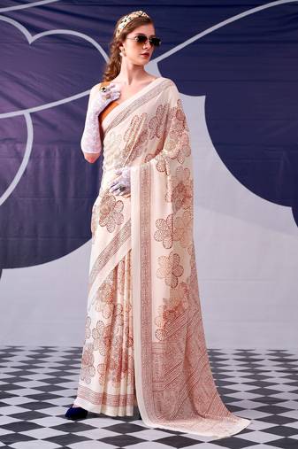 Peach classic beauty satin sik floral printed with smooth texture saree