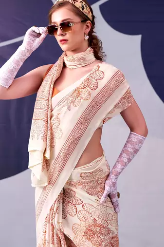 Peach classic beauty satin sik floral printed with smooth texture saree