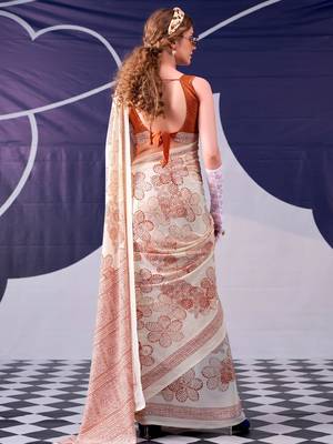 Peach classic beauty satin sik floral printed with smooth texture saree 4