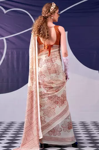 Peach classic beauty satin sik floral printed with smooth texture saree