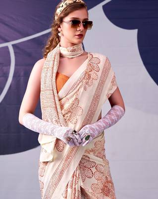 Peach classic beauty satin sik floral printed with smooth texture saree 5