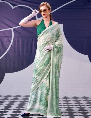 Pistachio classic beauty satin sik floral printed with smooth texture saree 2