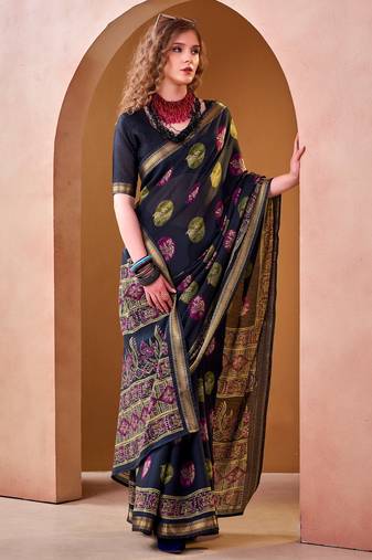 Navy blue elegance pv chanderi  printed lightweight saree