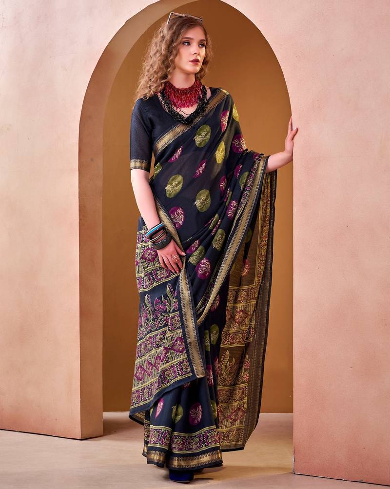 Navy blue elegance pv chanderi  printed lightweight saree