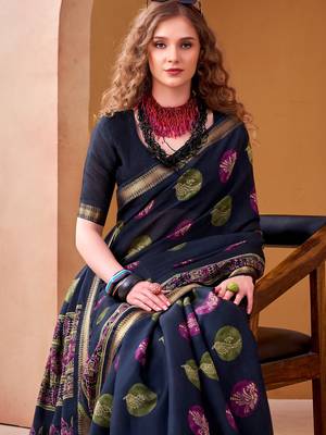 Navy blue elegance pv chanderi  printed lightweight saree 2
