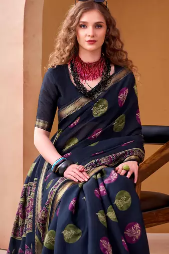 Navy blue elegance pv chanderi  printed lightweight saree