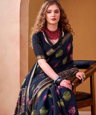 Navy blue elegance pv chanderi  printed lightweight saree 4