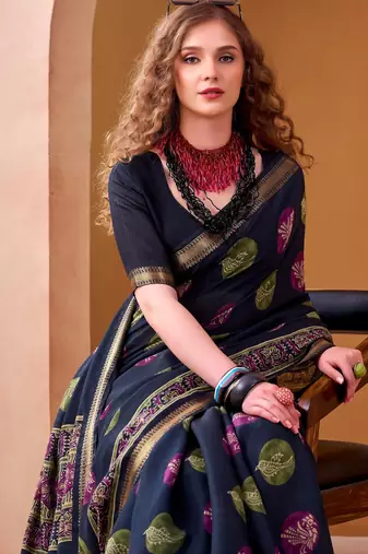 Navy blue elegance pv chanderi  printed lightweight saree