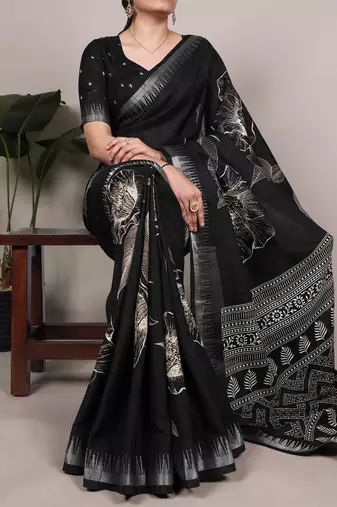 Black slub silk foral printed with zari border work saree