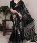 Black slub silk foral printed with zari border work saree
