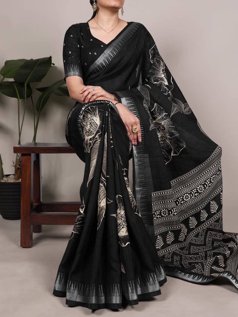 Black slub silk foral printed with zari border work saree