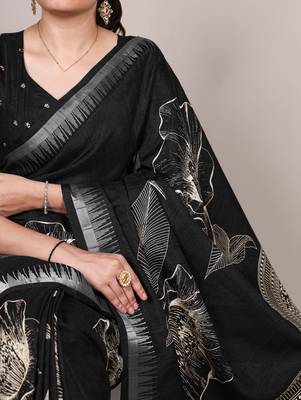 Black slub silk foral printed with zari border work saree 2