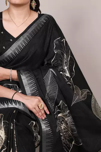 Black slub silk foral printed with zari border work saree
