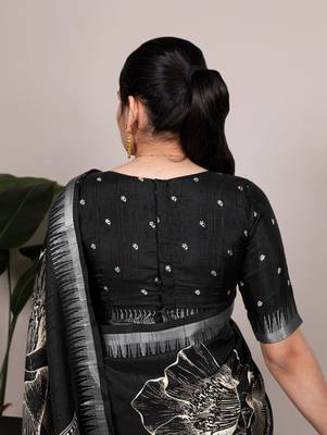 Black slub silk foral printed with zari border work saree 3