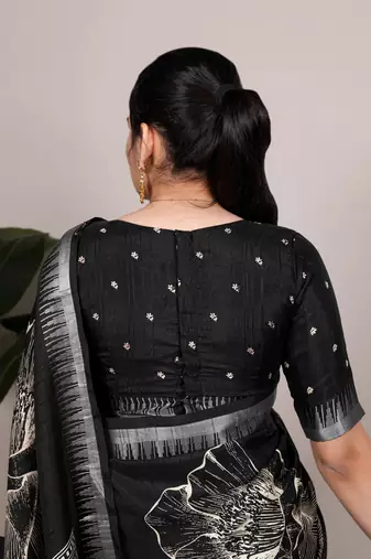 Black slub silk foral printed with zari border work saree