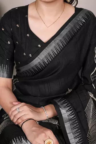 Black slub silk foral printed with zari border work saree