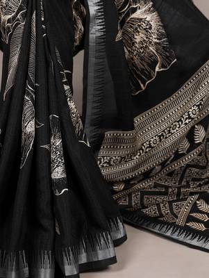 Black slub silk foral printed with zari border work saree 5