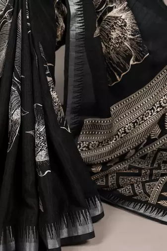 Black slub silk foral printed with zari border work saree