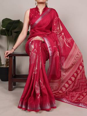 Cherry red slub silk foral printed with zari border work saree 1