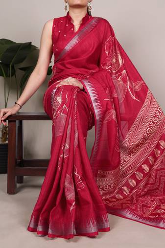 Cherry red slub silk foral printed with zari border work saree