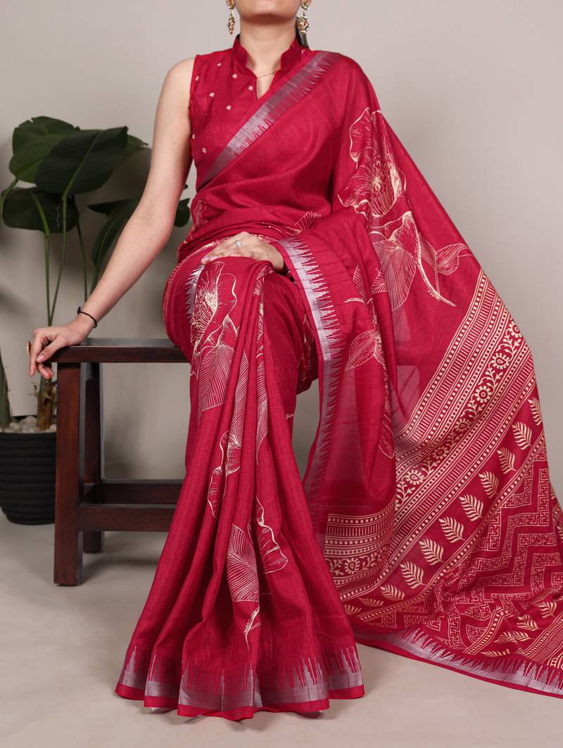 Cherry red slub silk foral printed with zari border work saree