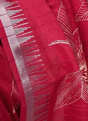 Cherry red slub silk foral printed with zari border work saree 2