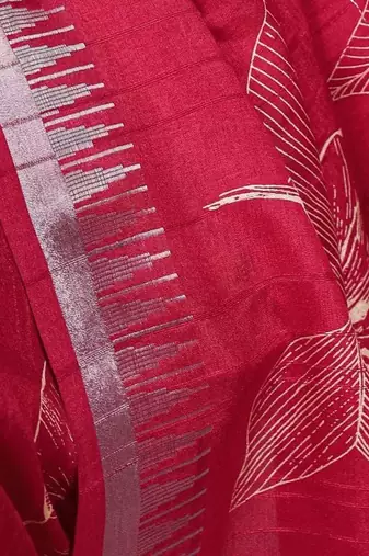 Cherry red slub silk foral printed with zari border work saree