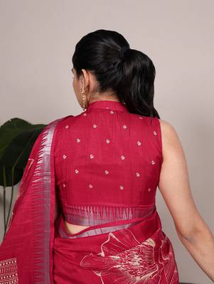 Cherry red slub silk foral printed with zari border work saree 3