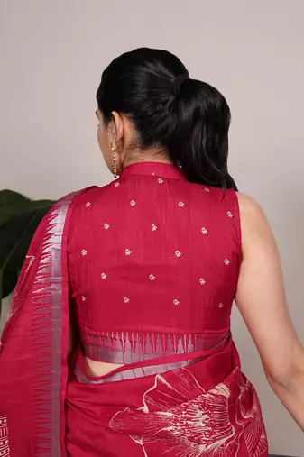 Cherry red slub silk foral printed with zari border work saree