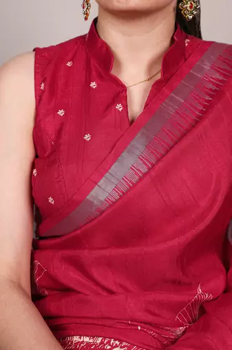 Cherry red slub silk foral printed with zari border work saree