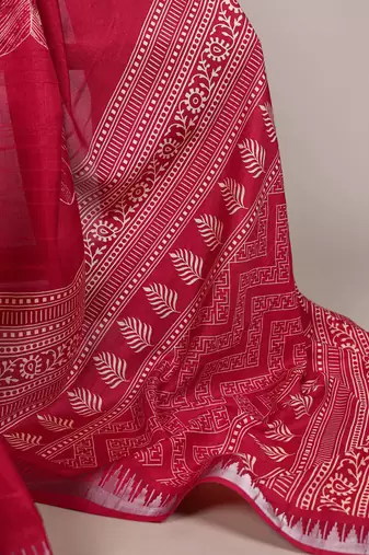 Cherry red slub silk foral printed with zari border work saree