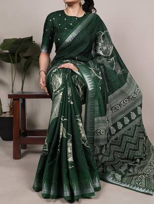 Green slub silk foral printed with zari border work saree 1