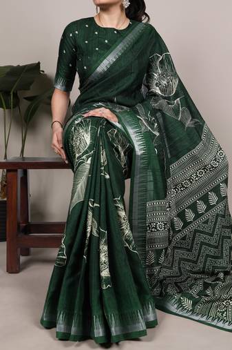Green slub silk foral printed with zari border work saree
