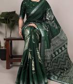Green slub silk foral printed with zari border work saree