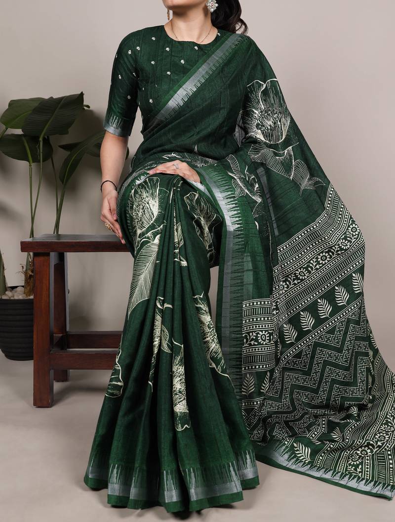 Green slub silk foral printed with zari border work saree