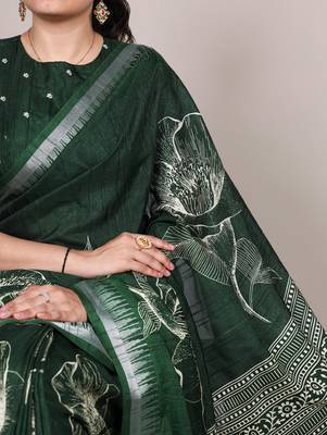 Green slub silk foral printed with zari border work saree 2