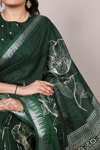 Green slub silk foral printed with zari border work saree