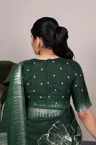 Green slub silk foral printed with zari border work saree