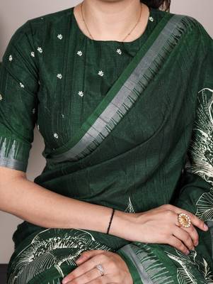 Green slub silk foral printed with zari border work saree 4