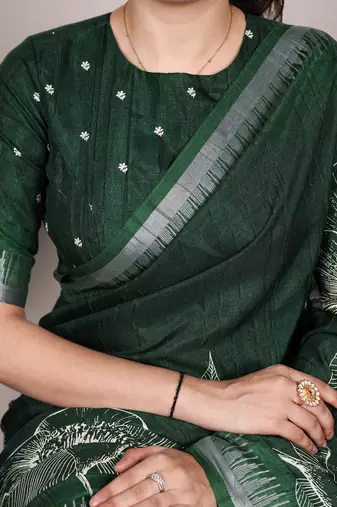 Green slub silk foral printed with zari border work saree