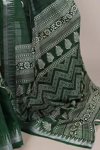 Green slub silk foral printed with zari border work saree
