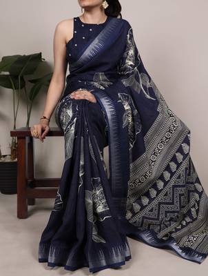 Navy blue slub silk foral printed with zari border work saree 1