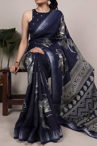 Navy blue slub silk foral printed with zari border work saree