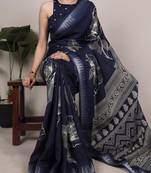 Navy blue slub silk foral printed with zari border work saree