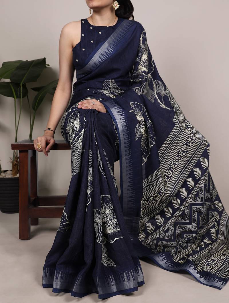 Navy blue slub silk foral printed with zari border work saree