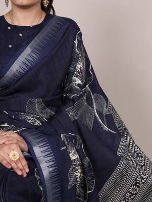 Navy blue slub silk foral printed with zari border work saree 2
