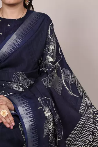 Navy blue slub silk foral printed with zari border work saree